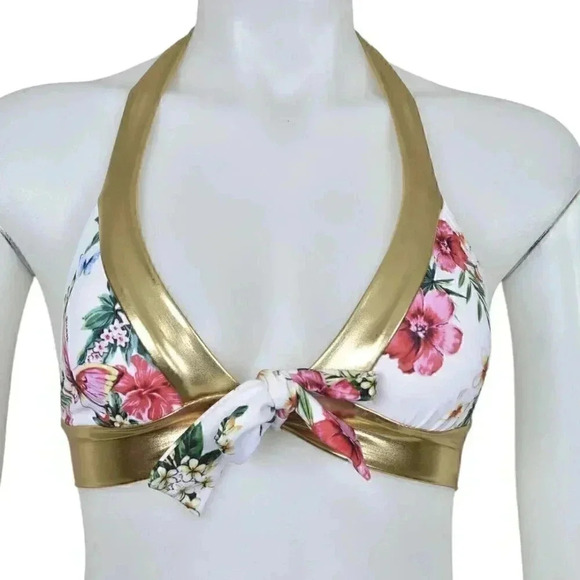 Vintage Y2K Guess Halter Bikini Top  Gold White Pink Floral Size Small - Picture 2 of 7